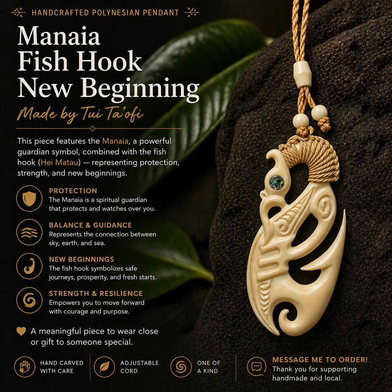 Handcrafted Manaia Fish Hook Pendant – Polynesian Guardian of Protection & New Beginnings